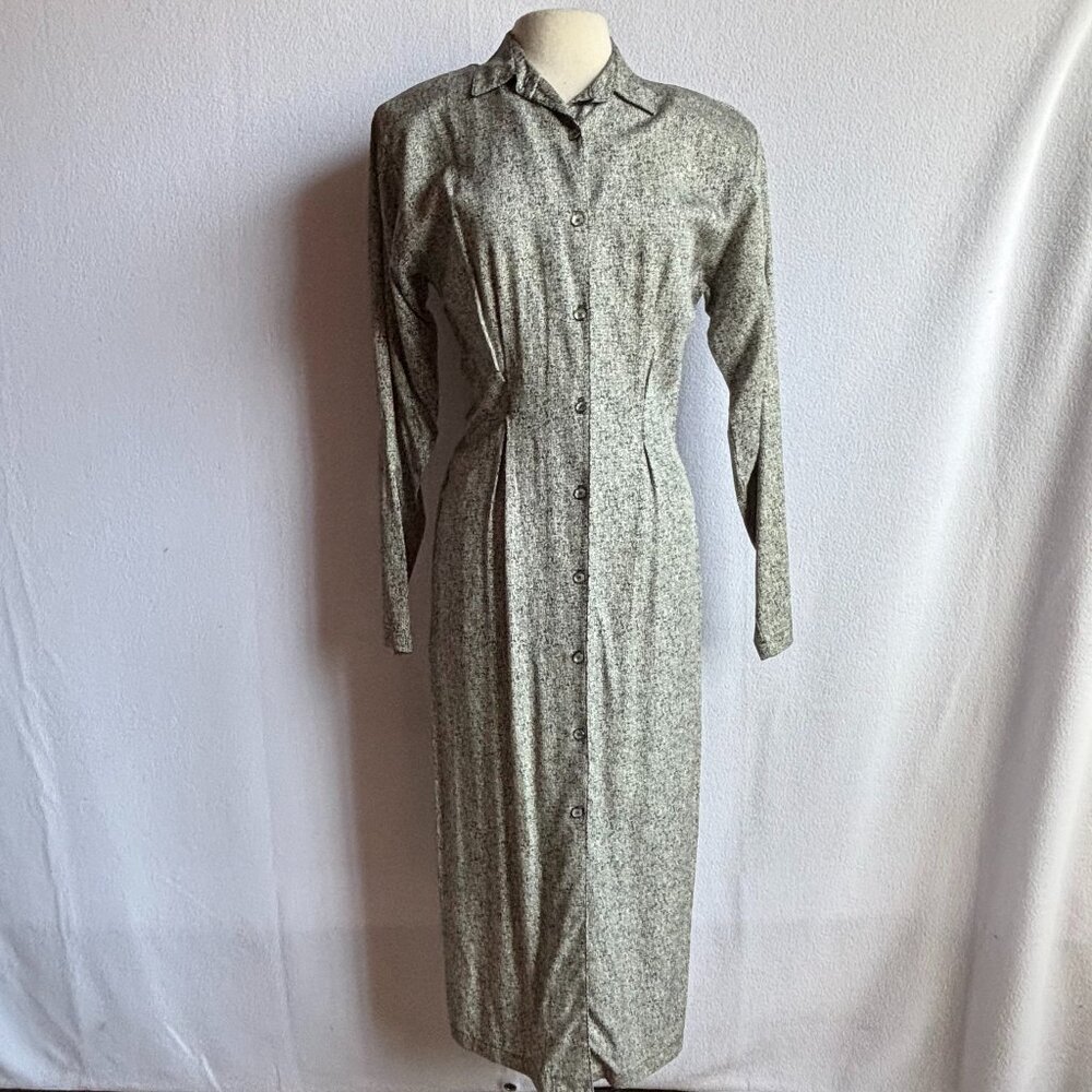 1980s Does 1940s Black Print Button Down Career Dress
